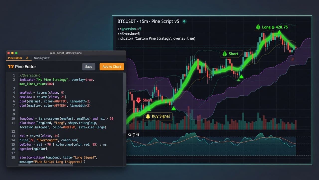 Éditeur Pine Script avec graphique TradingView montrant une stratégie de trading algorithmique sur BTCUSDT — signaux EMA crossover, oscillateur RSI et indicateurs buy/sell